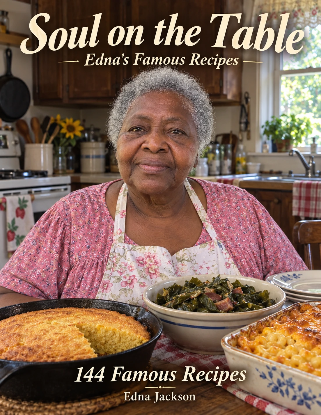 Soul on the Table cookbook cover featuring Edna at a table with cornbread, greens, macaroni and chicken